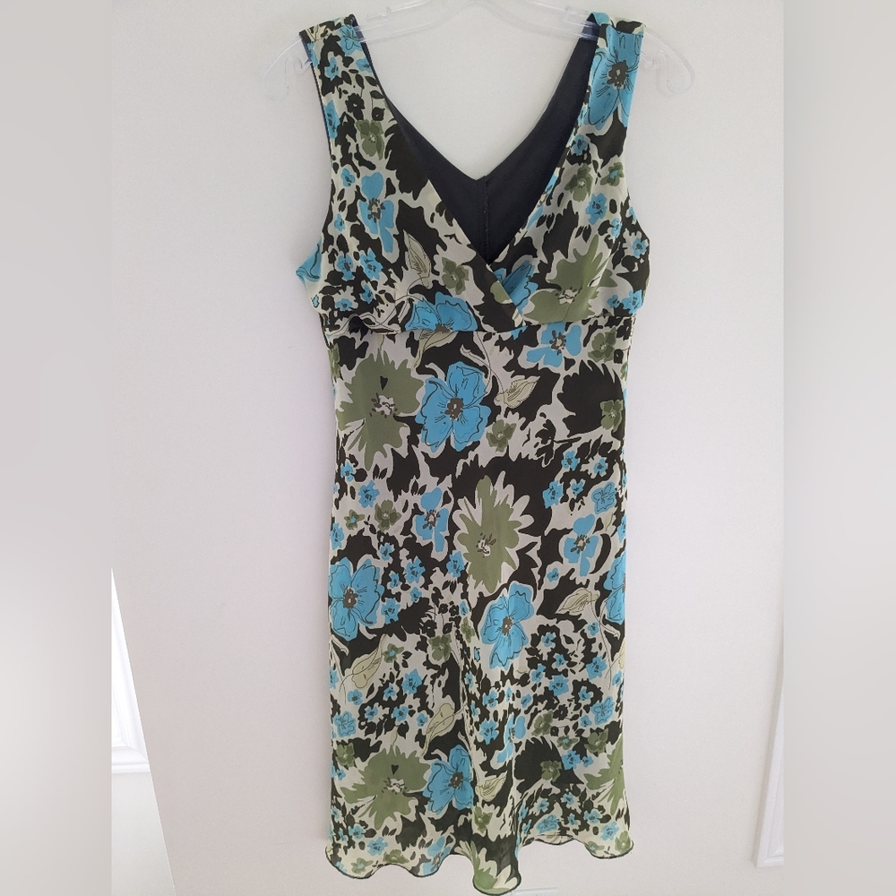 Vintage Green and Blue Sleeveless Floral V Neck Lined Midi Dress Size S